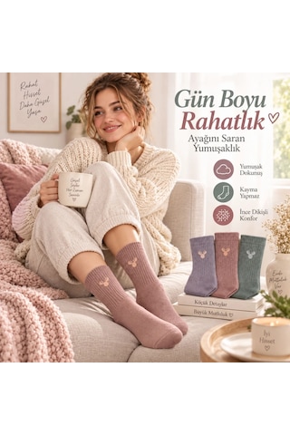 S'82 Kadın Geyik Nakışlı Fitilli Soket Çorap 3 Lü Yumuşak Dokulu Pastel Renk Günlük Çorap Seti Çok Renkli
