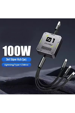 3in1 100w Geri Çekilebilir Hızlı Şarj Kablosu 120cm Usb To Ty