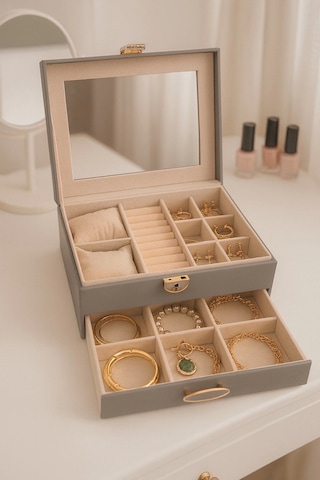 Dışı Deri İçi Kadife Kilitli Çekmeceli Takı Bijuteri Mücevher Kutusu Organizer Düzenleyici Gri İthal