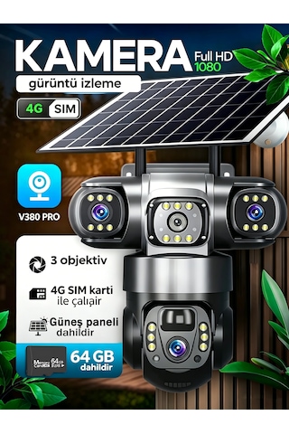 3 Kamera 64 Gb Hafıza Kartı Dahildir Güneş Paneli, 4g Sım, 4k Çözünürlük Uzaktan Kontrol V380pro İle Hareket Algılama Gece Görü İç Mekan Ve Dış Mekân Dahil Her Yerde Kullanılabilir.