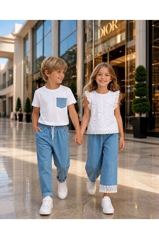 Sy Store Beyaz Bluz & Denim Pantolon Takımı Beyaz-mavi