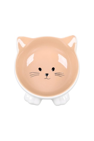 Flamingo Puzi Kedi Kulaklı Desenli Seramik Mama Ve Su Kabı Bej 125 Ml