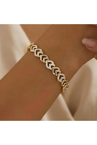 Kadın Işıltılı Aşk Zinciri Zirkon Taşlı Altın Rengi Kalp Bileklik 316l Çelik Kararmaz Paslanmaz Modern Tasarım Gold Kalp Bileklik Altın - Çelik