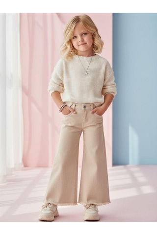 Zekids Kız Çocuk Pamuklu Paçaları Püsküllü Pantolon-16677 Bej