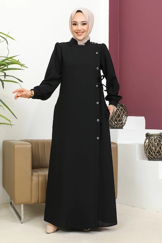Nevayla Moda Bağlamalı Çıt Çıt Detaylı Ferace - Siyah