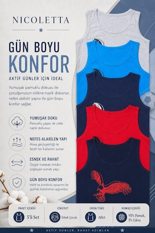 Tom John Nicoletta Erkek Çocuk Atlet Geniş Askılı Kartal Baskılı Pamuklu Çok Renkli