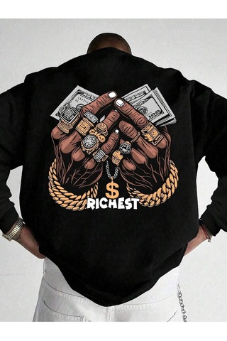 Rıchest Baskılı Bisiklet Yaka Siyah Sweatshirt - Oversize Unisex Kışlık Kalın Siyah