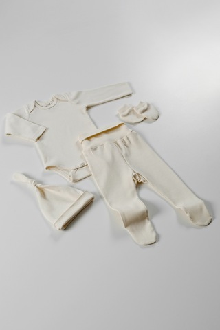 Tinylamb Pure 4 Parça Bebek Uzun Kollu Pamuk Bodysuit Pijama Takımı Yenidoğan Mini Set Çocuk Hediye Seti Bej