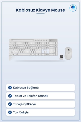 Mouse Klavye Seti Kablosuz Tablet Telefon Standlı Beyaz Q Düzen T Optik