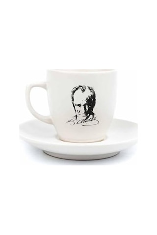 Atatürk Portre Krem Türk Kahvesi Fincanı - Hediye Seramik Türk Kahvesi Fincanı Açık Ahşap