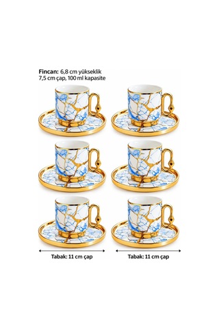 Valkyrie 12 Parça 6 Kişilik 80 Ml Türk Kahvesi Fincan Takımı Mavi Gold Mermer Desenli K653 Mavi