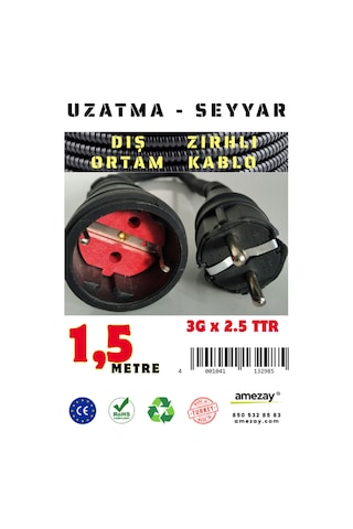 1.5 Metre Dış Ortam Spiral Zırhlı Uzatma Kablosu - G3x2.5 Kablo Kesiti 1.5 Metre