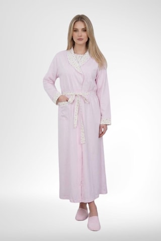 Mecit Pijama Mecit 6383 Pembe Kadın Uzun Sabahlıklı Kısa Kollu Gecelik Takımı