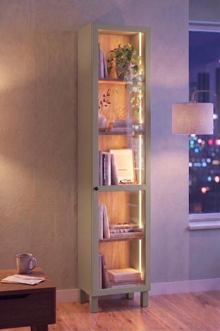 Robin Home Prime Temperli Cam Kapaklı Neon Led Işıklı Dar Alan Vitrin Büfe Kitaplık Ahşap Ayaklı 5 Raflı Sepet-ıhlamur Yeşili 183cm Yd8-sy Yeşil