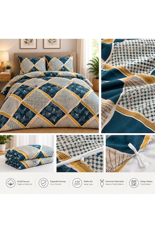 Geometrik Ve Baklava Desenli Tek Kişilik Nevresim Takımı - Fermuarlı Ve İç Bağlamalı Lacivert & Hardal Renkli