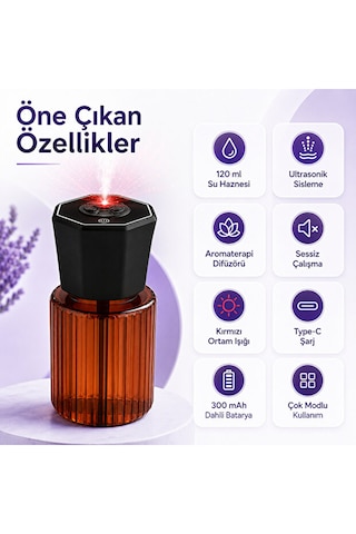 Araç İçi 120 Ml Ultrasonik Hava Nemlendirici Ve Aromaterapi Difüzörü Type-c Şarjlı Koku Siyah