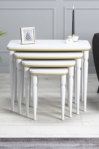 Imaj Mdf Ve Lake Boya, Beyaz-gold 4lü Zigon Sehpa Takımı, Beyaz Gürgen Ayaklar Sehpalar Beyaz-gold Ayaklar Beyaz