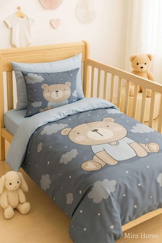 Dijital Baskılı 3d Pamuklu Yenidoğan Bebek Nevresim Takımı Blue Bear Çok Renkli