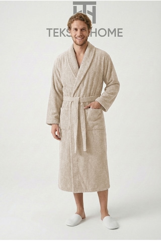 %100 Pamuklu Unisex Bornoz Şalyaka Cepli Büyük Beden 3xl 4xl Erkek Kadın Bornoz Kahve