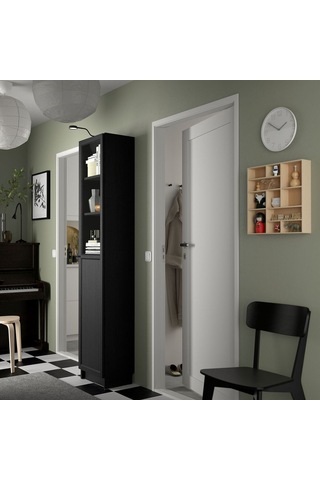 Cam/panel Kapaklı Kitaplık, Siyah Meşe Görünümlü, 40x30x202 Cm Siyah