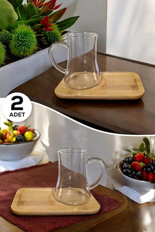 2'li Bambu Kapaklı Morning Çay Bardağı Seti Kulplu Isıya Dayanıklı Keyfi-ala Cam Bardak 180 Ml. Şeffaf