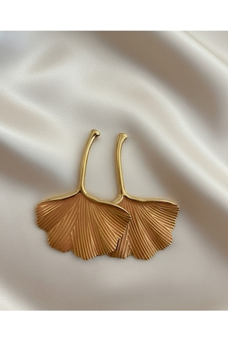 Şehrazat Handmade Gold Çelik Yaprak Gingko Küpe Gümüş