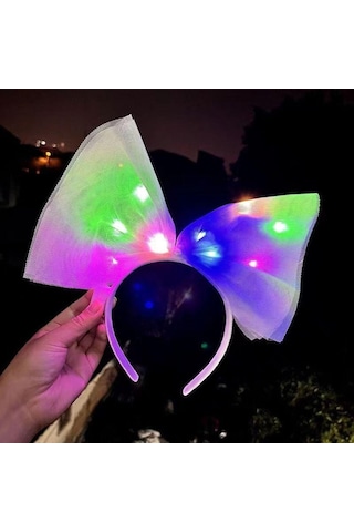 Rengarenk Led Işıklı Fiyonk Şekilli Tül Parti Tacı Beyaz Renk 25 x