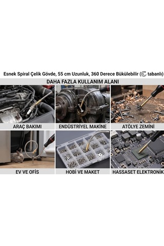 Lexroo 55 Cm Esnek Mıknatıslı Tutucu, 360 Derece Bükülebilir Spiral Çelik Vida Yakalayıcı