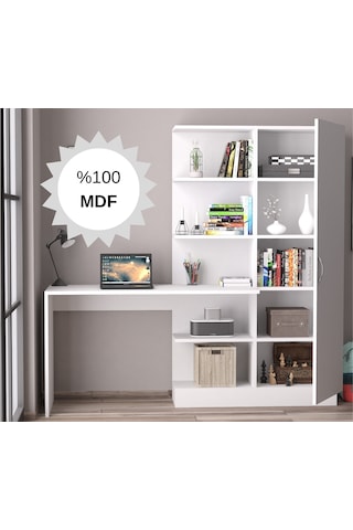 Mdf Narin Raflı Dolaplı Çalışma Masası Beyaz