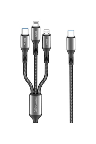 Dc62 3in1 Type-c To 60w Type-c / 12w Lightning / 15w Micro 1.2m Hızlı Şarj Kablo - Siyah