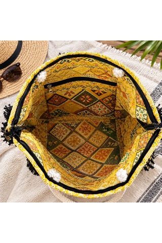 Etnik Desenli Kilim Omuz Ve Plaj Çantası 50x30 Cm Açık Sarı