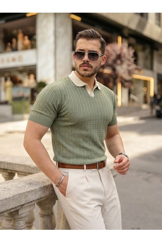 Efnaz Style Erkek Yaka Detaylı Desen Dokulu Triko Tişört Çağla Yeşili