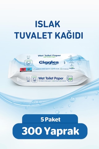 Giggles Islak Tuvalet Kağıdı Suda Çözünen Tuvalete Klozete Atılabilir Mendil 5 Paket 300 Adet