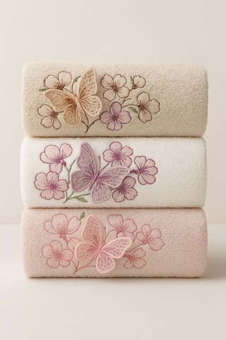 3'lü Lüks %100 Pamuklu Mutfak Havlusu Seti 3d Kelebek Aplikeli 30x50 Cm Çok Renkli