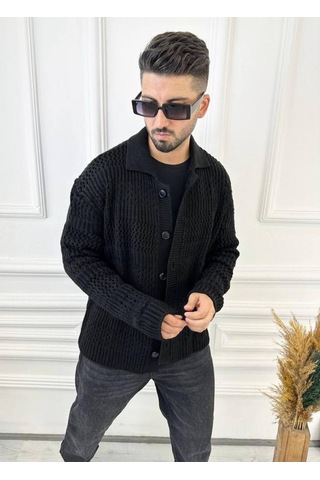 Elku Moda Hırka Oversize Özel Örgülü Triko Desenli Salaş Örgü Hırka Siyah