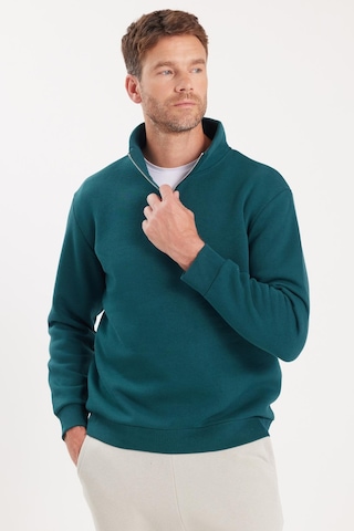 Tudors Unisex Relax Fit Rahat Kesim Pamuklu İçi Polarlı Yarım Fermuarlı Yeşil Dik Yaka Sweatshirt-35163 Yeşil