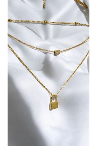 Altın Renk Üç Katlı Kalp Ve Kilit Uçlu Kolye Aşkın Anahtarı Tak Gold