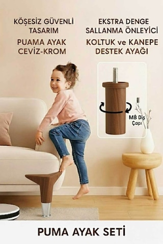 Puma 15 Cm Ceviz-krom 6'lı Set Mobilya Kanepe Tv Ünitesi Dolap Konsol Ve Destek Ayağı Ceviz-krom