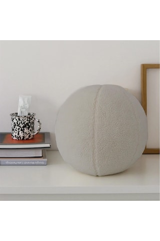 Woodesk Ballo, Dekoratif Top Kırlent, Yastık, Çap 25 Cm, Bej Renk