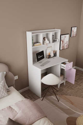 Df09107 Çekmeceli Kapaklı Kitaplıklı Çalışma Masası Pembe