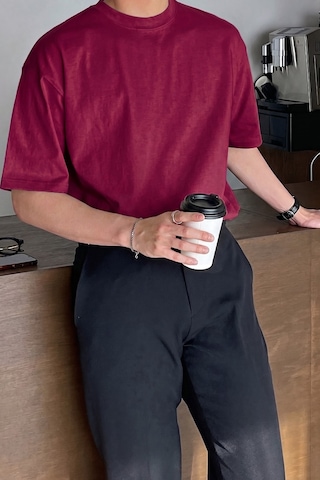 Genius Store Erkek Oversize Tişört Pamuk Kumaş Bisiklet Yaka Rahat Kalıp T-shirt Bordo