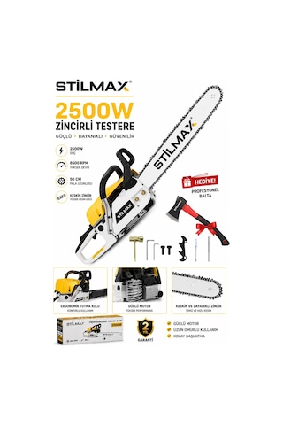 Stilmax ST9000Y 2500W Benzinli Motorlu Testere 50 CM Pala Ağaç Odun Dal Kesme Makinesi + Balta