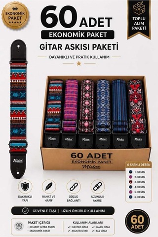 Midex Gsr-60x Özel Tasarım Desenli 60'lı Gitar Omuz Askısı Toptan Paketi 90-145 Cm Uzunluk