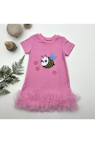 Pekminibebe 1-2-3 Yaş Arıcık Nakışlı Eteği Fırfırlı Jile Kız Çocuk Elbisesi Pembe