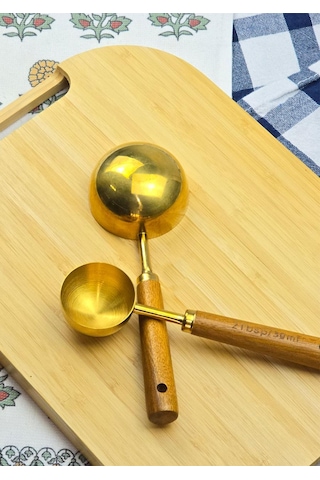 Ahşap Saplı Gold Ölçü Kaşığı Takımı - 2'li Kahve Ölçüm Kaşığı - 30 + 60 Ml Ahşap