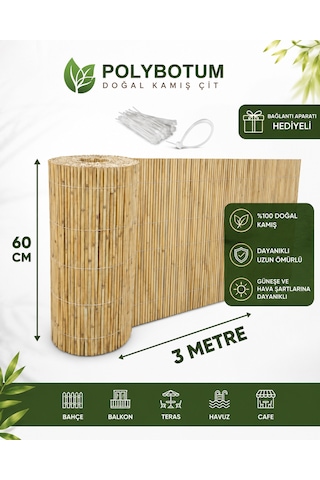 Polybotum Premium Doğal Kamış Hasır Balkon Çiti 60x300 Cm Sık Dokuma Dayanıklı Bahçe, Teras Ve Balkon İçin Dekoratif Gizlilik Çiti Sarı - Siyah