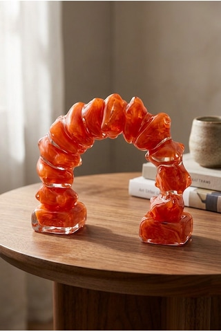 16 Cm Kristal Obje - El Yapımı Modern Organik Kemer Cam Dekoratif Heykel Turuncu / Mercan