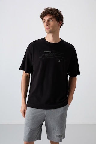 Tommy Life Siyah Pamuklu Kalın Yumuşak Dokulu Oversize Fit Baskılı Erkek T-shirt - 88326 Siyah