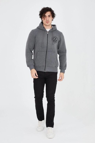 Mbb E-ticaret Erkek 3 İplik Pamuklu Fermuarlı Kapüşonlu Kanguru Cepli Baskılı Hoodie Hırka Sweatshirt - Füme