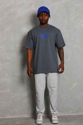 Erkek Baskılı Tişört Kısa Kol Bisiklet Yaka Oversize T-shirt - Füme
